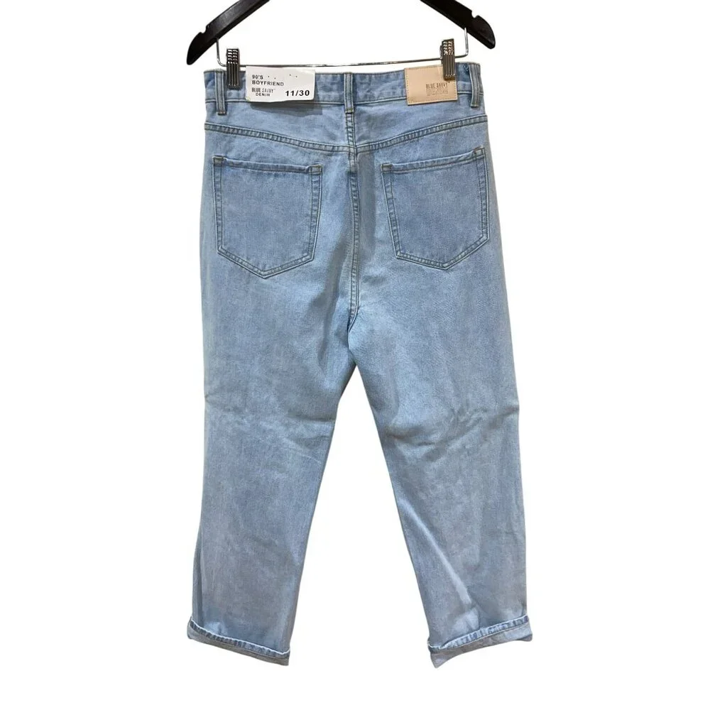 Blue Savvy Womens Distressed High-Waisted Mom Jeans Recycled Fiber Light Wash Si